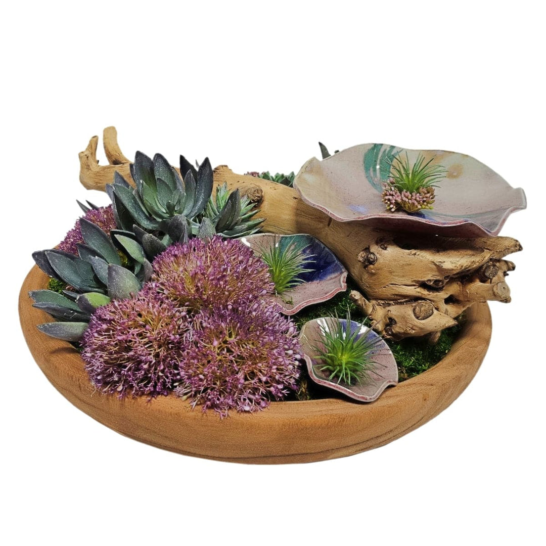 Hand Crafted Ceramic Discs with Grapewood and Succulents in Low Wood Bowl- Limited Edition 8"H