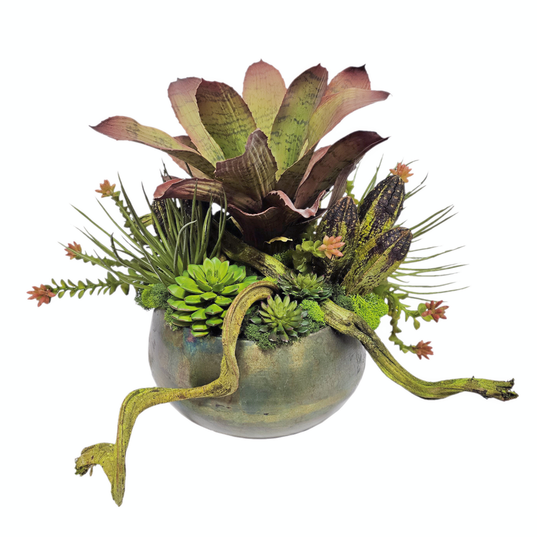 Succulents with Twisted Vine in Round Metal Bowl. FH: 15"H