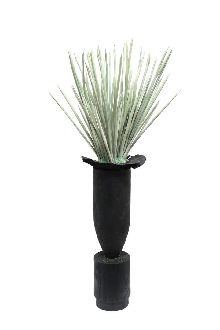 Foam Grass, Mini grass Bush, and Sponge Mushrooms in Wooden vase. 43"H