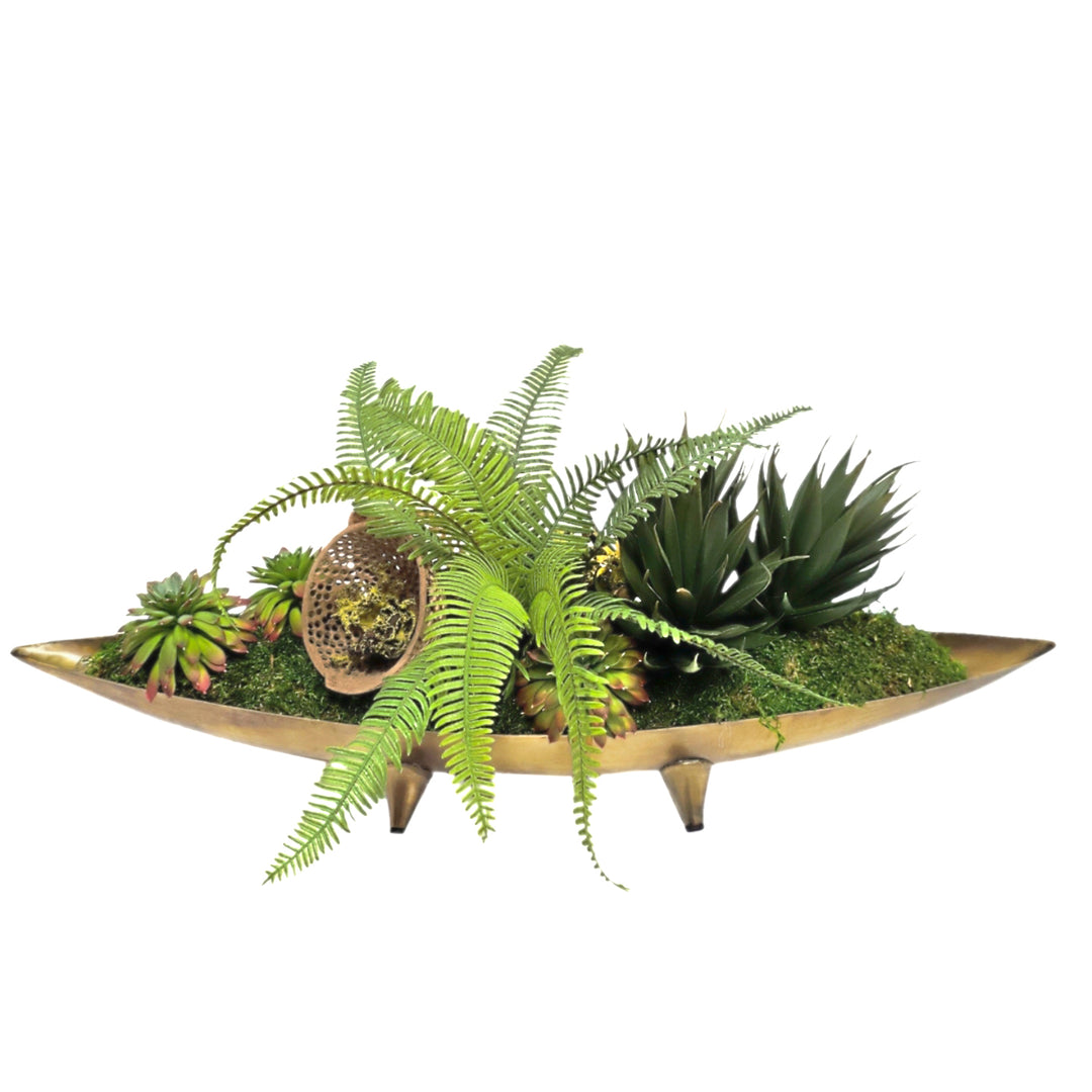 Mixed Succulents and Ferns with Dried Elements in Brass Metal Boat.  9"H