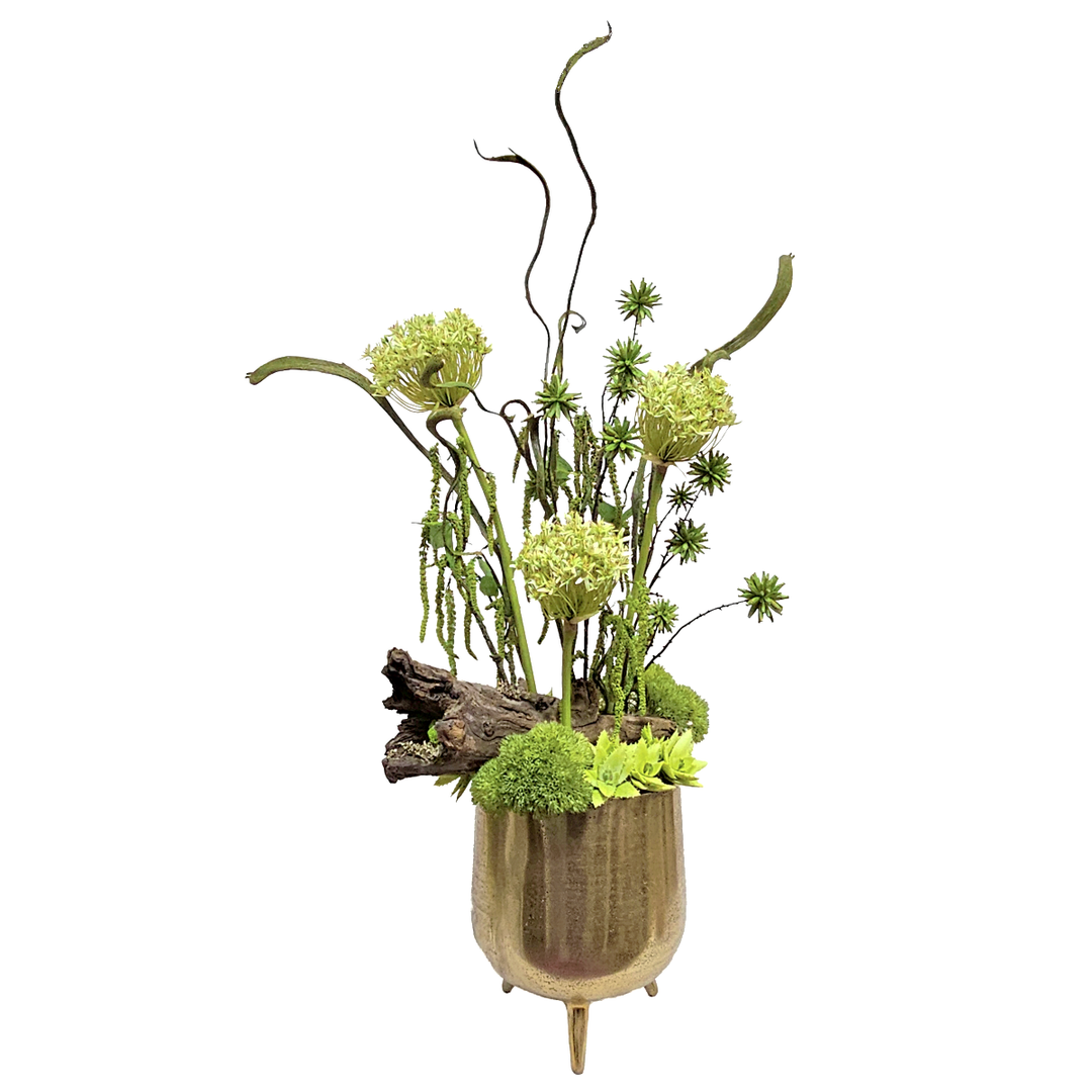 Allium, Amaranthus, Staghorn Ferns, Driftwood and Succulents in Metal Container. FH: 46"H