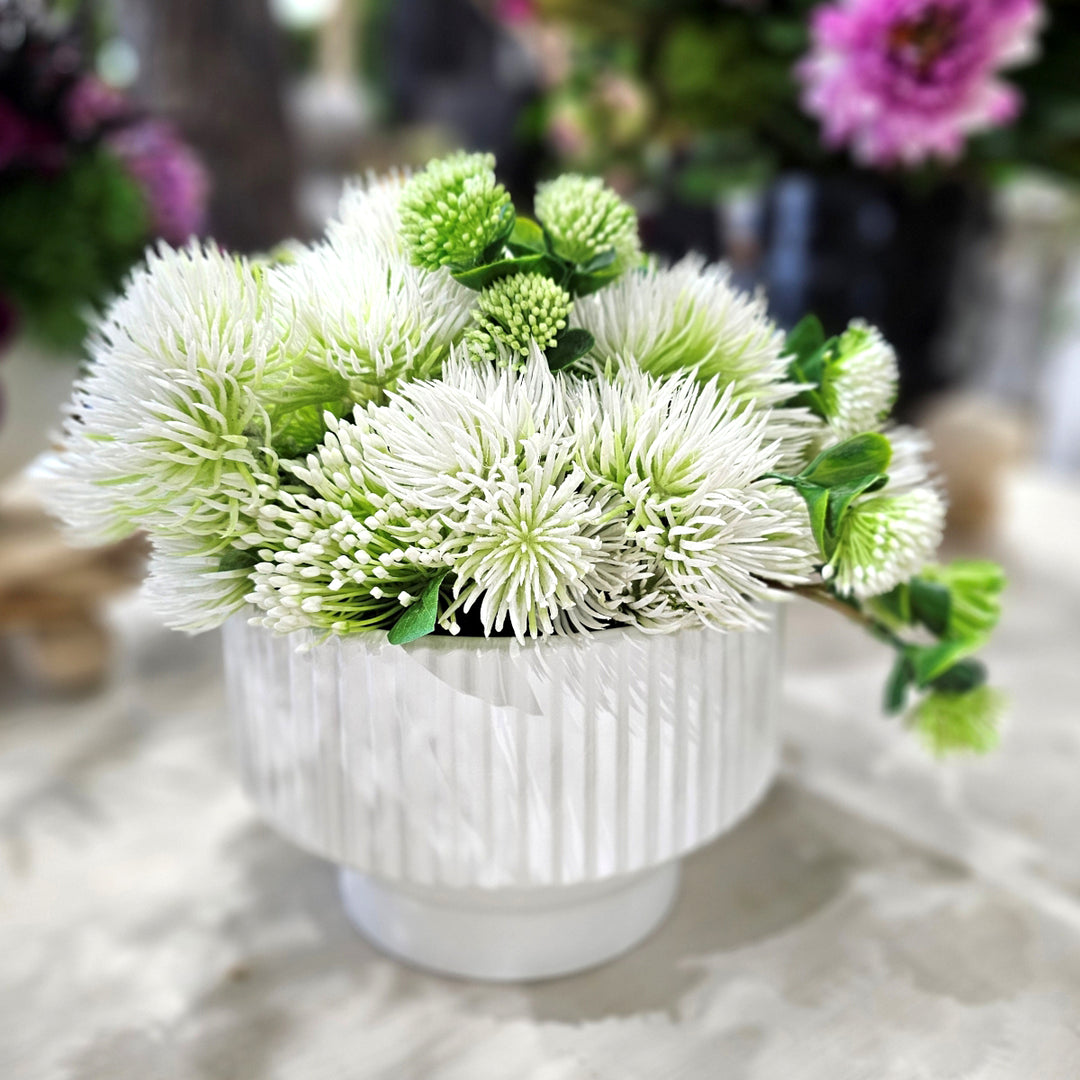 Spikey Florals and Buds with Thistle in Linear Fluted Planter. FH: 11"H