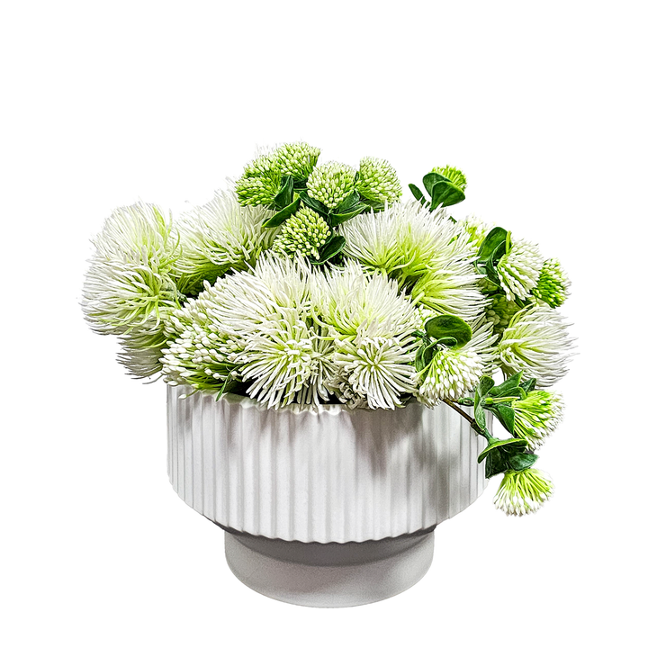 Spikey Florals and Buds with Thistle in Linear Fluted Planter. FH: 11"H