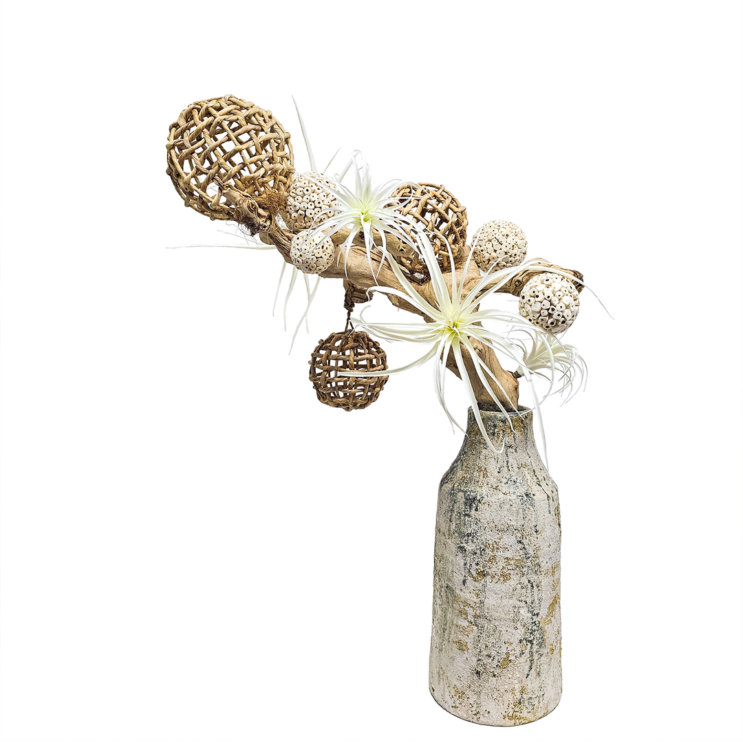 Grapewood with Mixed Spheres and Tillandsia in Aged Vase 35"H