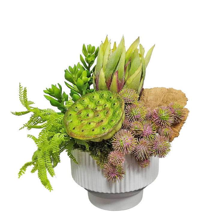 Queen Protea, Succulents and Dried Mushroom in Round Ceramic Bowl. FH: 13"