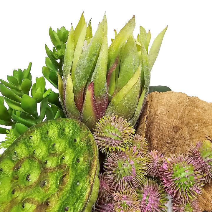 Queen Protea, Succulents and Dried Mushroom in Round Ceramic Bowl. FH: 13"