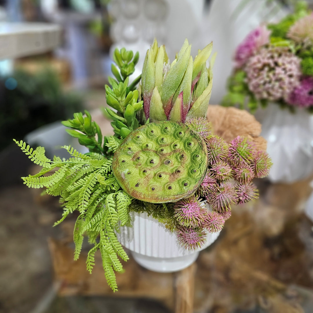 Queen Protea, Succulents and Dried Mushroom in Round Ceramic Bowl. FH: 13"