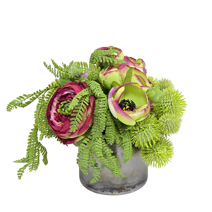 Ranunculus with Thistle and Fern in Round Metal Container. FH: 6.5"H