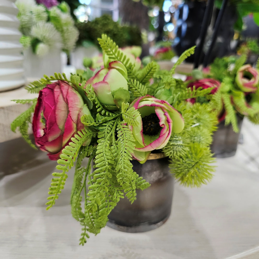 Ranunculus with Thistle and Fern in Round Metal Container. FH: 6.5"H