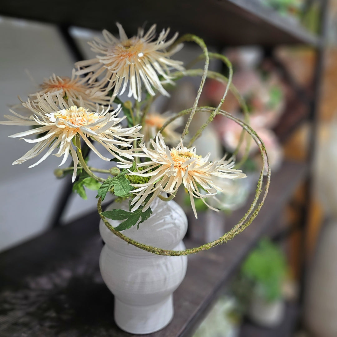 Spider Mums with Curled Vine in Gourd Ceramic. FH: 21"H