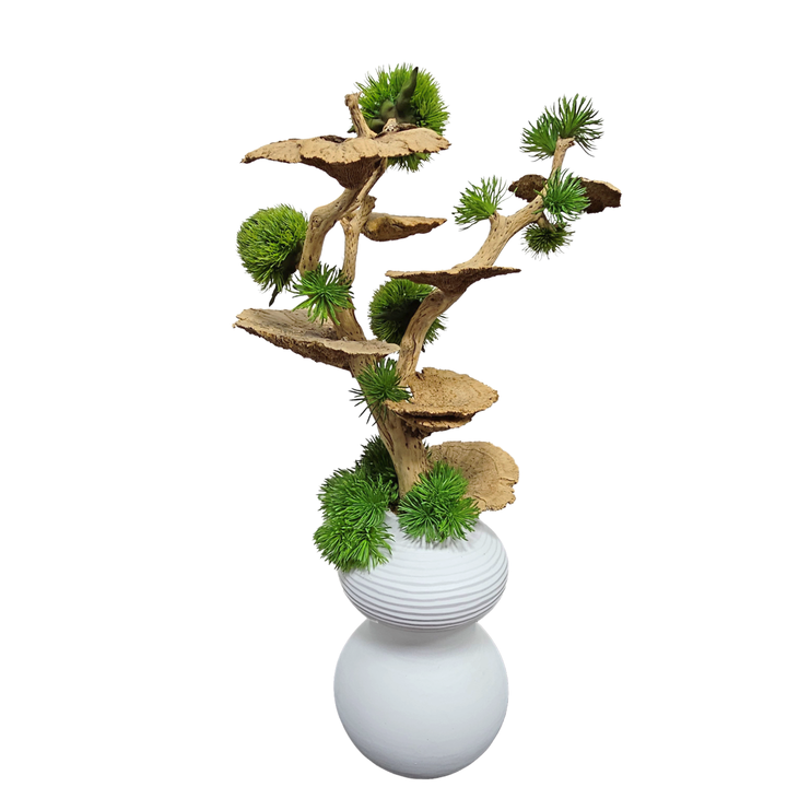 Manzanita Wood with Spheres and Mushrooms in Ceramic Vase. FH: 30"H