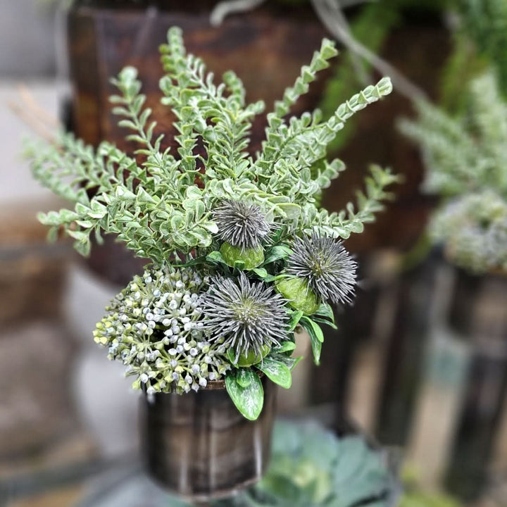 Sedum, Thistle and Moss Grass in Gunmetal.  FH: 7"