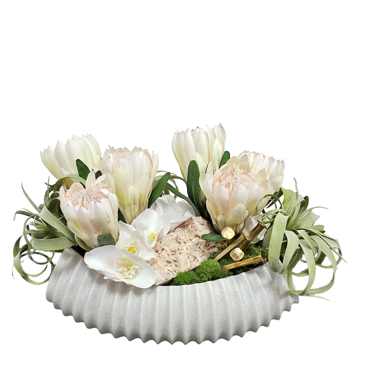 Protea with Specimen Crystal, Orchids and Tillandsia in Ribbed Stone Oval.  FH:11"