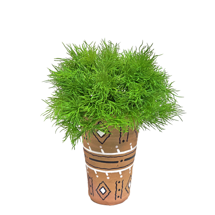 Curly Grass Bush in Patterned Terra Cotta. FH:10"