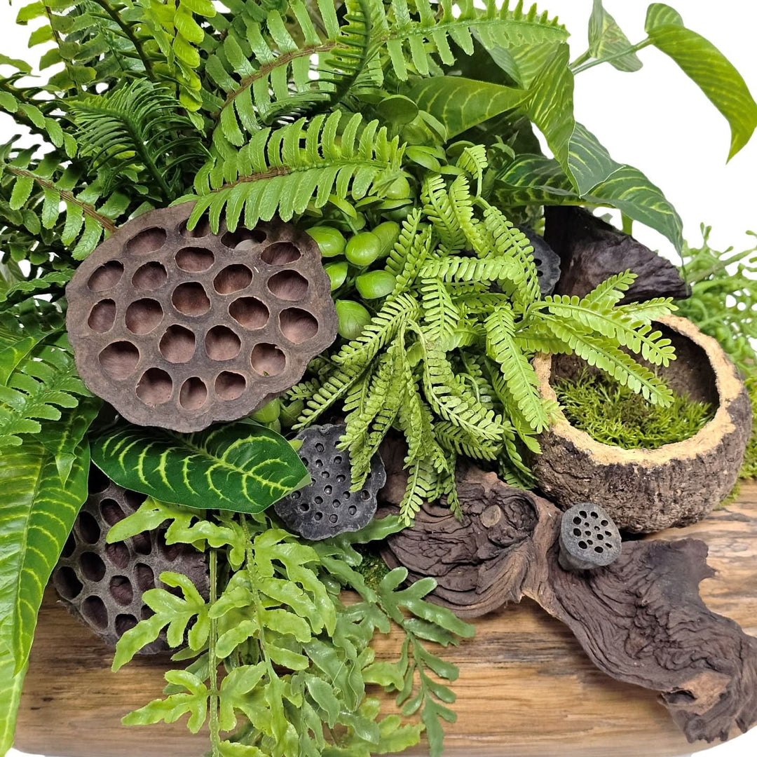 Ferns with Dried Lotus Pods and Wood Fragment in Wood Container 16"H