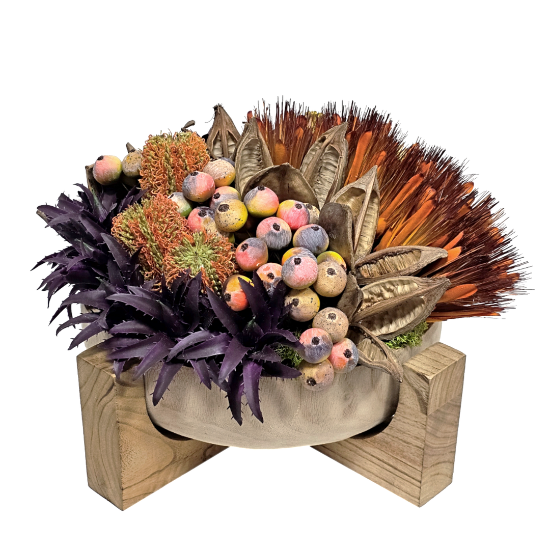 Banksia, Protea with Succulents, Berries and Sora Pods in Wood Bowl on Stand. FH: 11"H