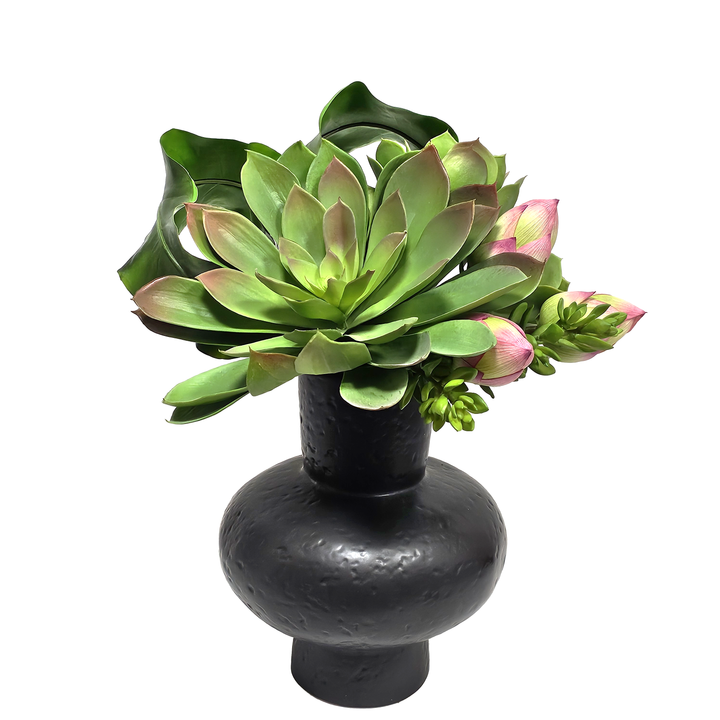 Giant Echeveria with Lotus Buds and Tropical Leaves in Ceramic Vase 19"H