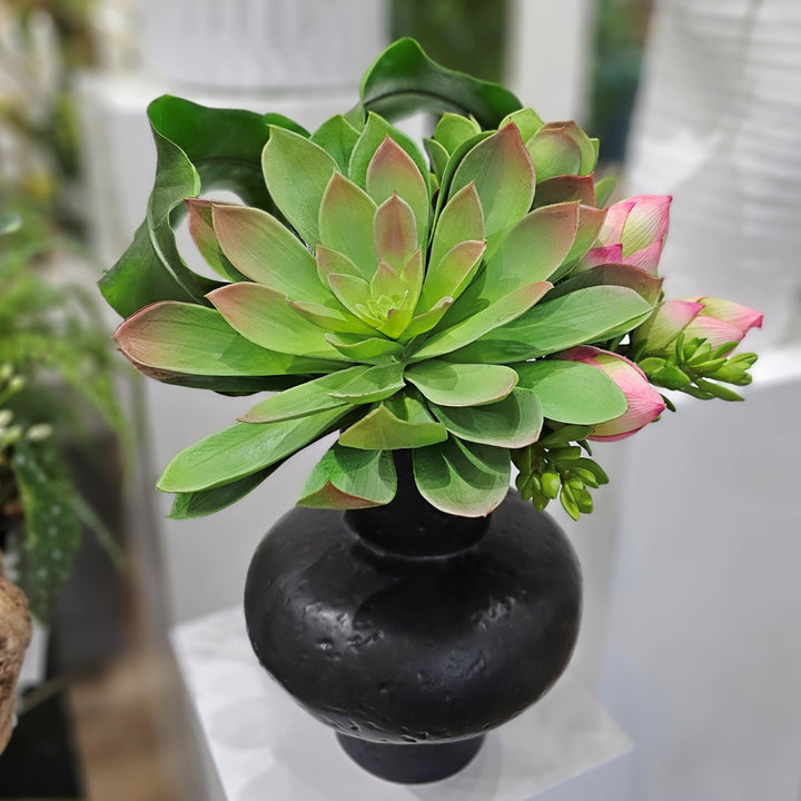 Giant Echeveria with Lotus Buds and Tropical Leaves in Ceramic Vase 19"H