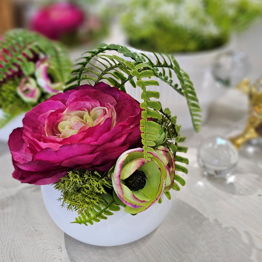 Fuchsia Ranunculus with Fern in White Ceramic Bowl  7"H