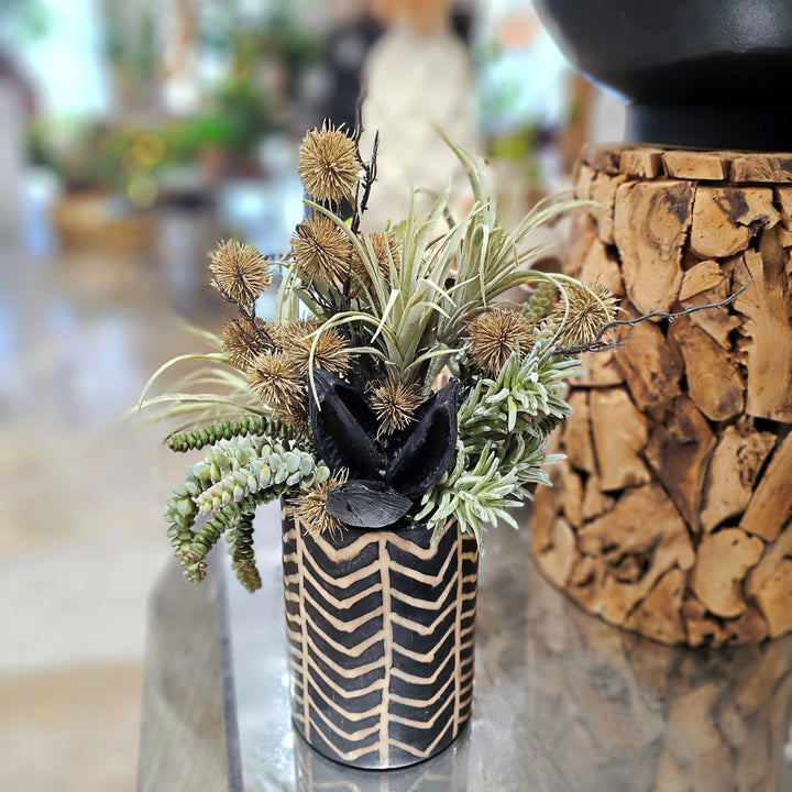 Tillandsia, Burro's Tail, Soro Pod and Thistle in Patterned Ceramic Cylinder 19"H ONLY 3 AVAILABLE