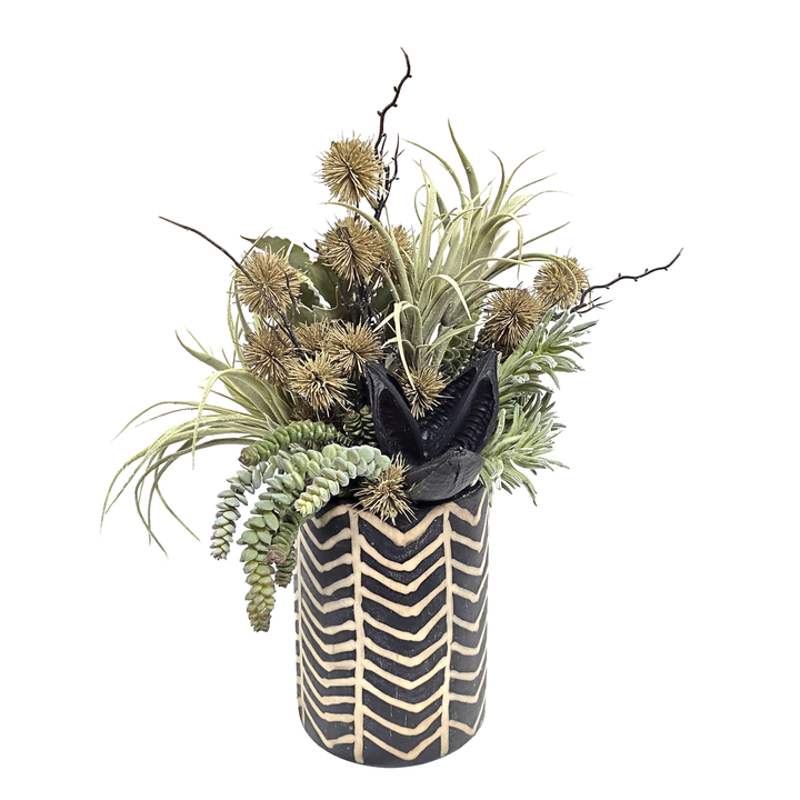 Tillandsia, Burro's Tail, Soro Pod and Thistle in Patterned Ceramic Cylinder 19"H ONLY 3 AVAILABLE