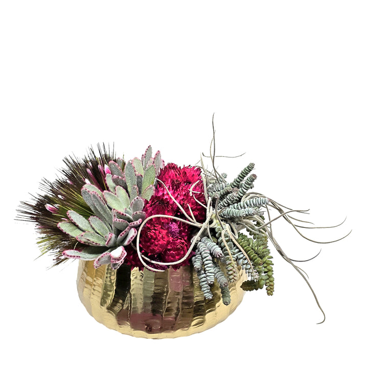 Panda Succulent, Tillandsia, Burro Tail, Protea and Dried Artichokes in Gold Metal Bowl 15"H