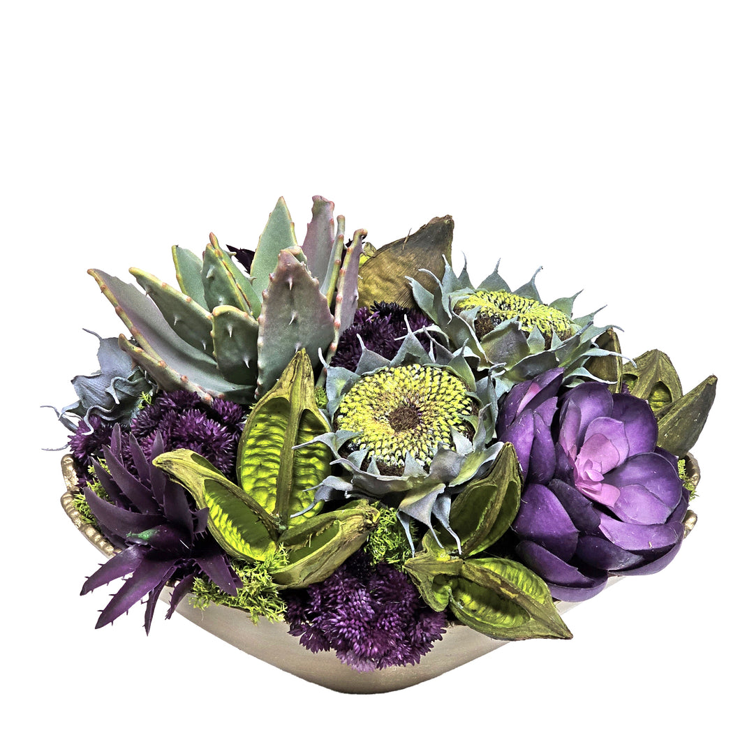 Echeveria, Sunflower Heads, Sora Pods and Sedum in Raw Edge Metal Bowl 15"H