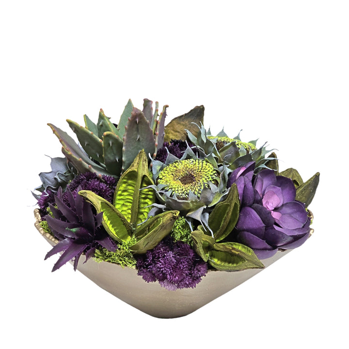 Echeveria, Sunflower Heads, Sora Pods and Sedum in Raw Edge Metal Bowl 15"H