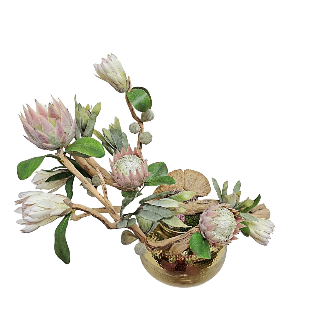 Queen Protea, Buds and Figs on Ghostwood in Hammered Round Metal Vase. Various height options available.