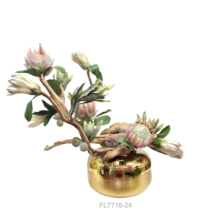 Queen Protea, Buds and Figs on Ghostwood in Hammered Round Metal Vase. Various height options available.