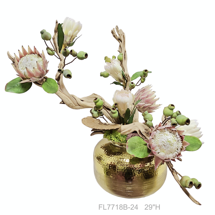 Queen Protea, Buds and Figs on Ghostwood in Hammered Round Metal Vase. Various height options available.