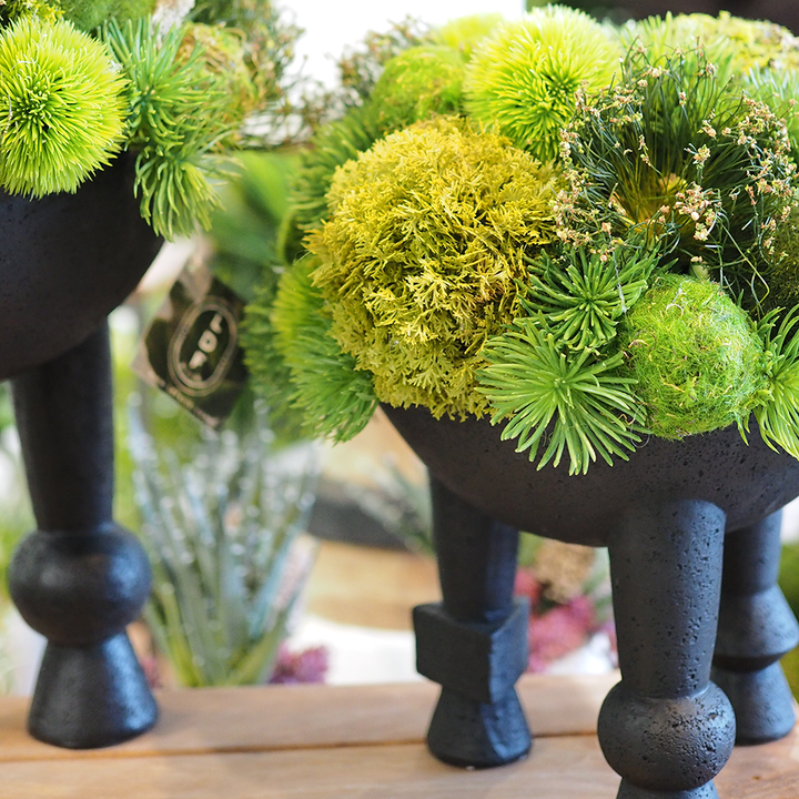 Mixed Greenery Spheres and Cyperus Grass in Black Geometric Bowl on Legs  14"H