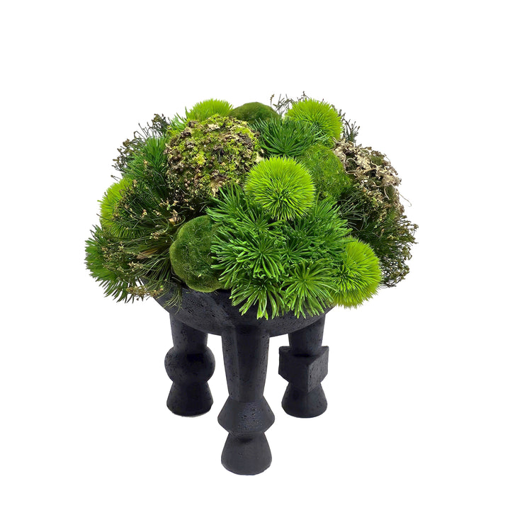 Mixed Greenery Spheres and Cyperus Grass in Black Geometric Bowl on Legs  14"H