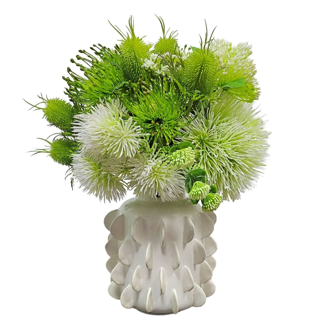 White Sea Urchin Flower with Green Protea and Thistle in Gloss White Decorative Vase 19"H