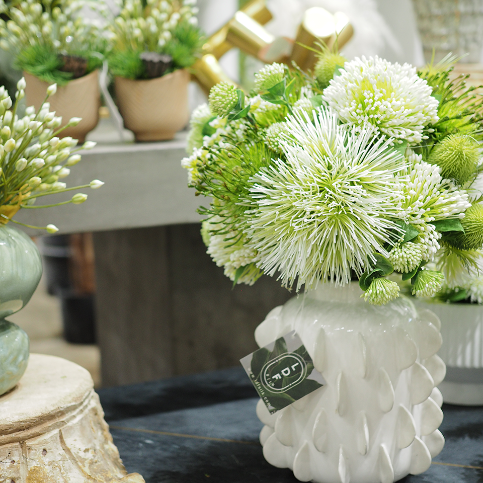 White Sea Urchin Flower with Green Protea and Thistle in Gloss White Decorative Vase 19"H