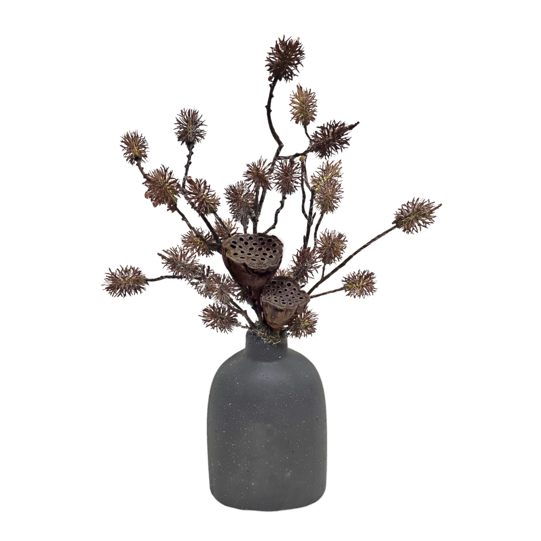 Thistle and Dried Lotus Pods in Textured Dark Grey Vase 14"H