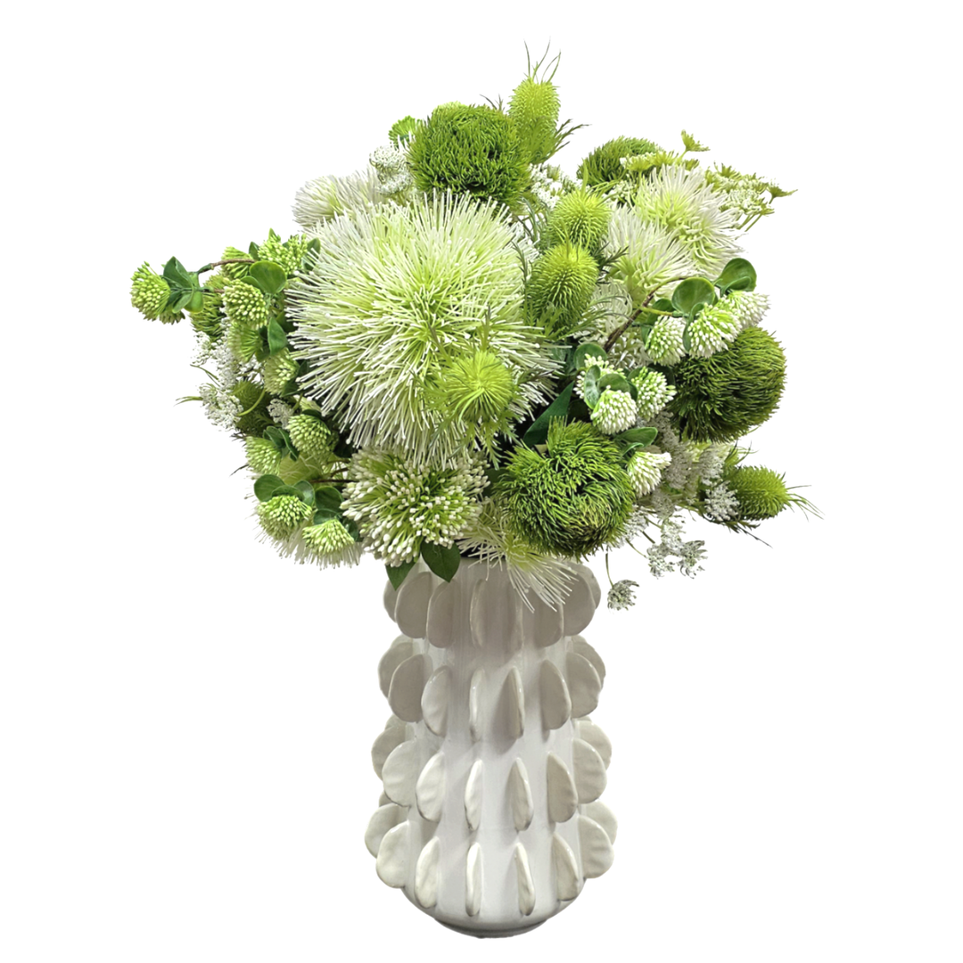 White Sea Urchin Flower with Green Protea and Thistle in Gloss White Decorative Vase  28"H