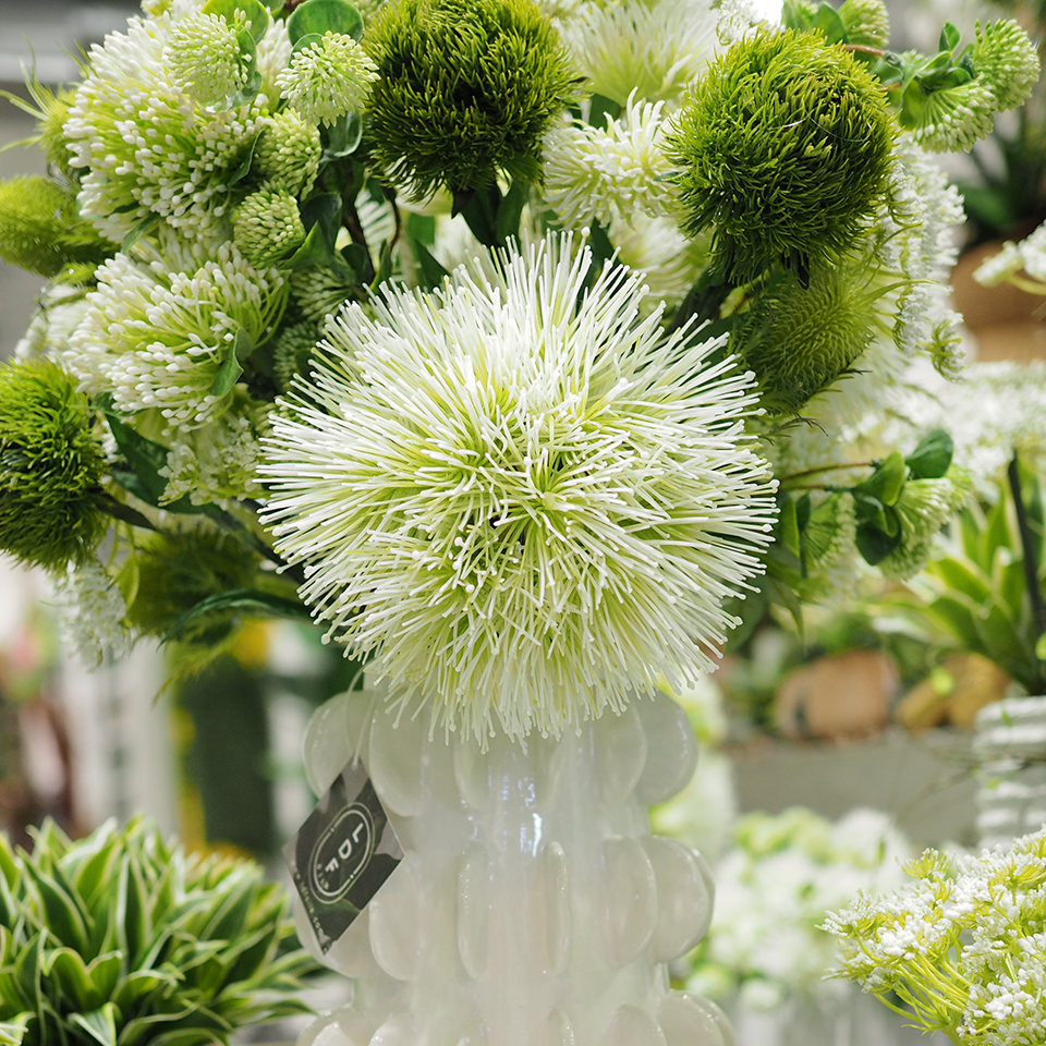 White Sea Urchin Flower with Green Protea and Thistle in Gloss White Decorative Vase  28"H