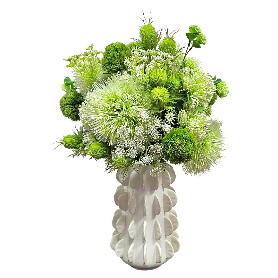 White Sea Urchin Flower with Green Protea and Thistle in Gloss White Decorative Vase  28"H