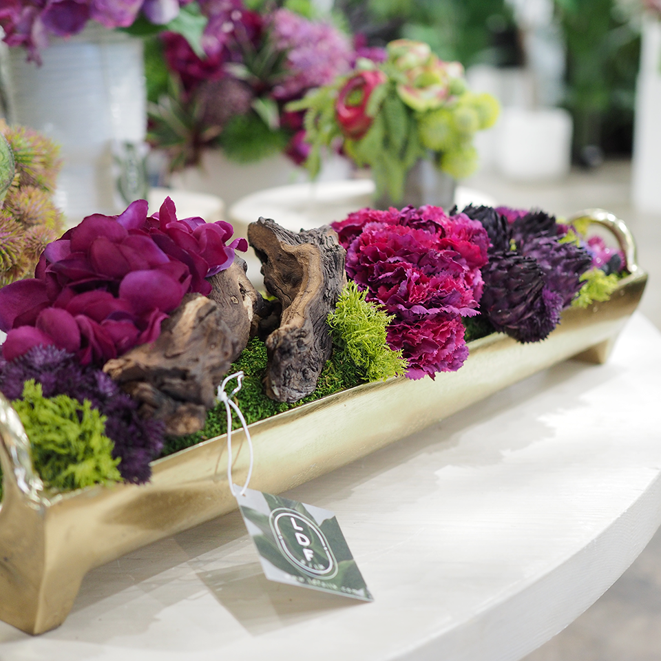 Flowers and Sedum with Wood Fragments in Rectangular Container 7"H