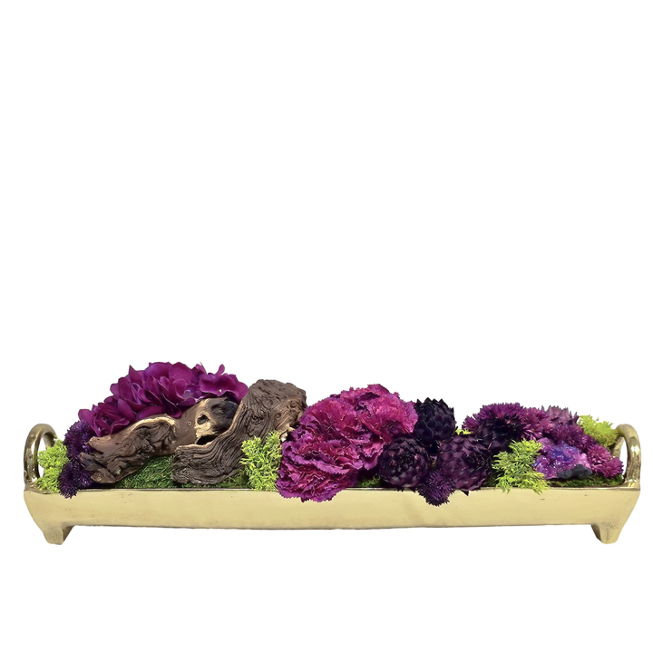 Flowers and Sedum with Wood Fragments in Rectangular Container 7"H