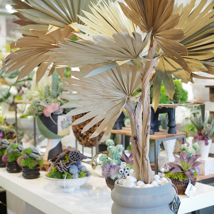 Multi-color Dried Fan Palms on Ghostwood in Grey Layered Ceramic Vase 54"H