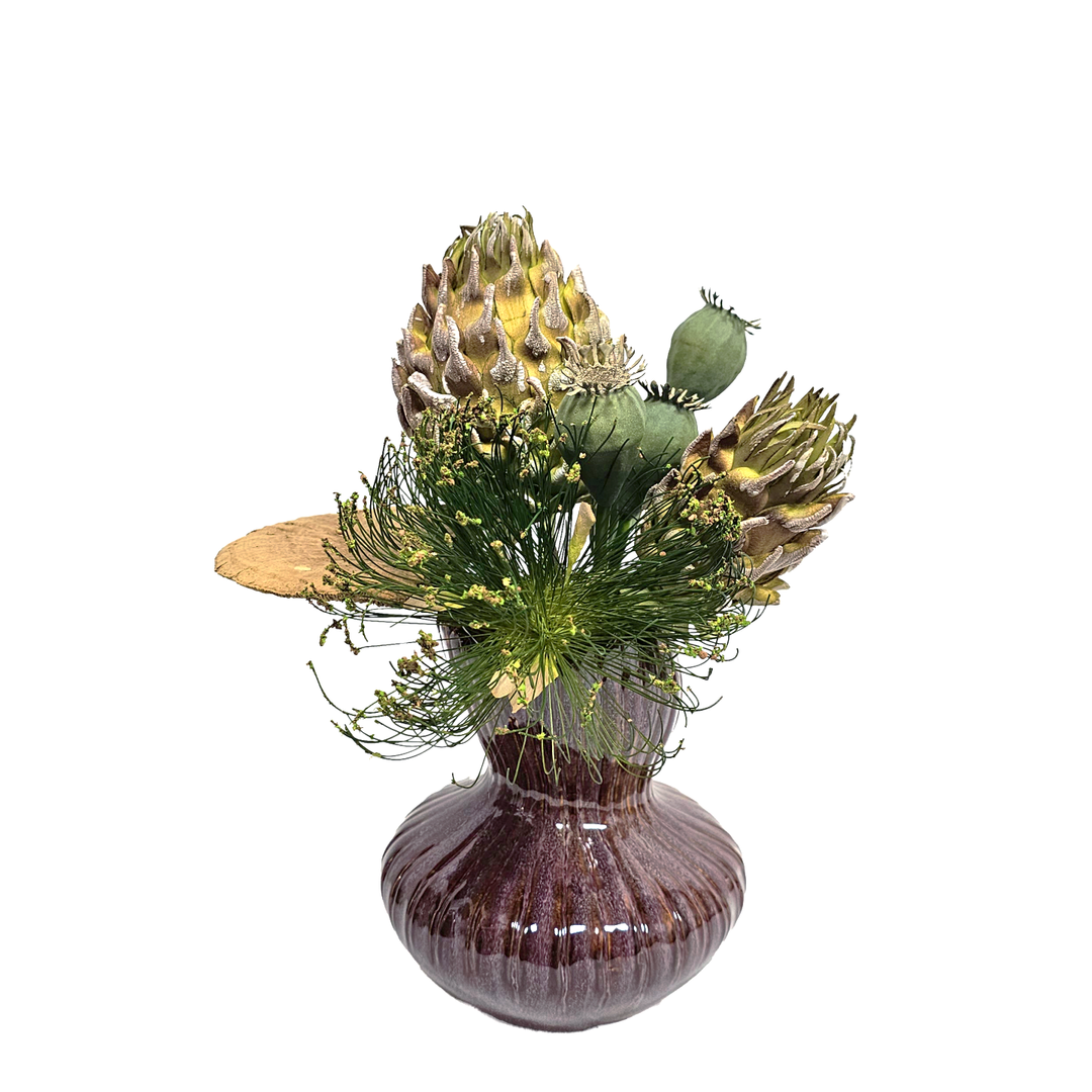 Foam Pods, Cyperus Blooms, Dried Mushrooms and Green Pods in Decorative Rust Ceramic Vase 12"H