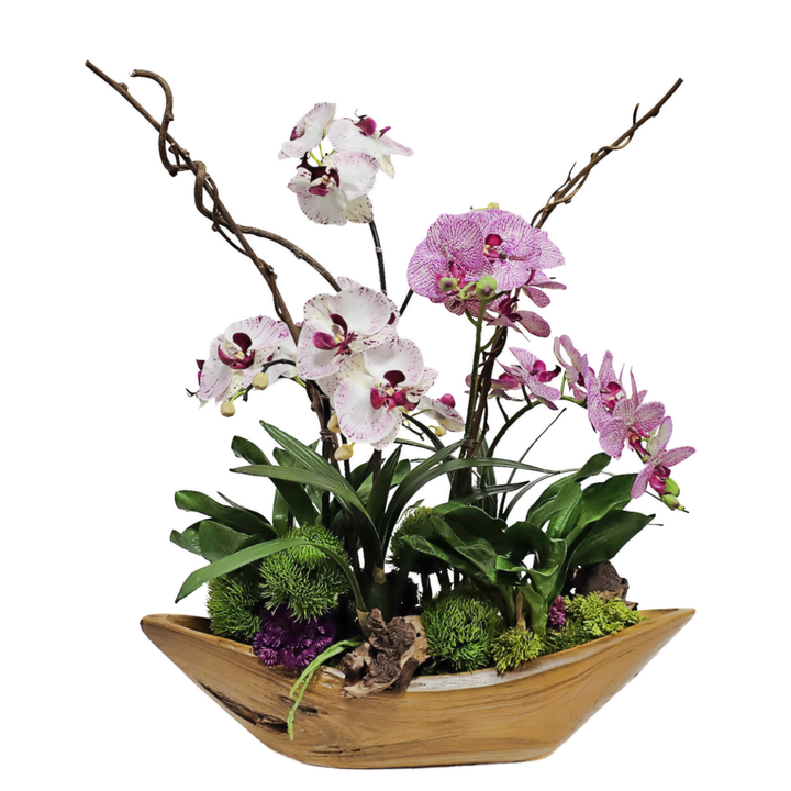 Speckled Pink Phalaenopsis Orchids with Dianthus, Leaves and Wood Fragments in Teak Oval 27"H