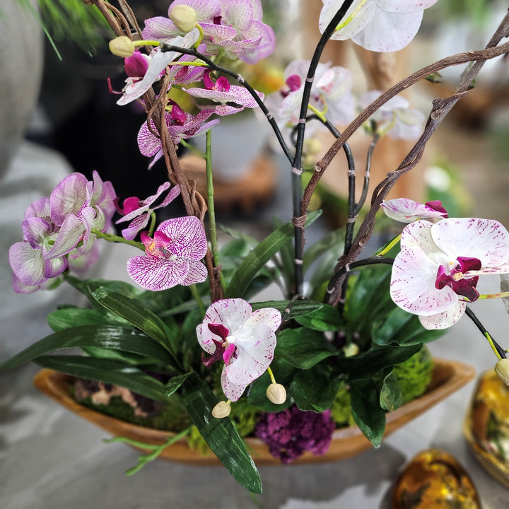 Speckled Pink Phalaenopsis Orchids with Dianthus, Leaves and Wood Fragments in Teak Oval 27"H