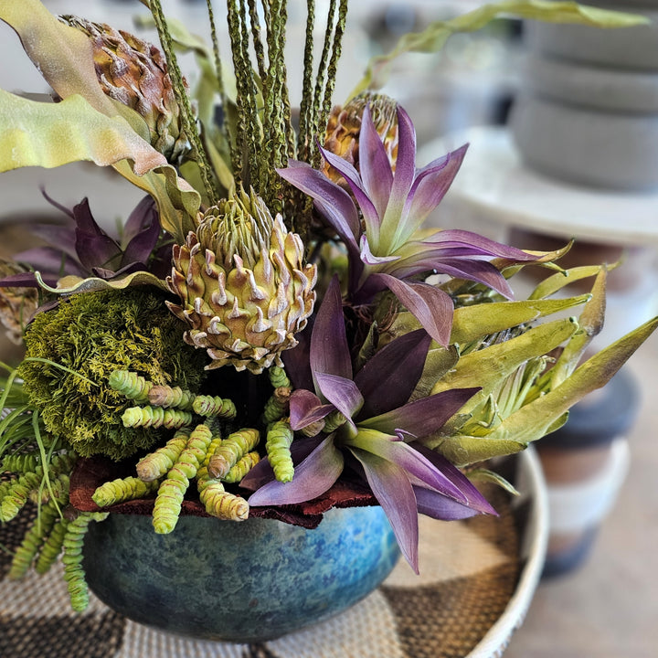 Foam Artichoke, Pods and Leaves with Succulents and Dried Mushrooms in Patina Metal Bowl.  31"H