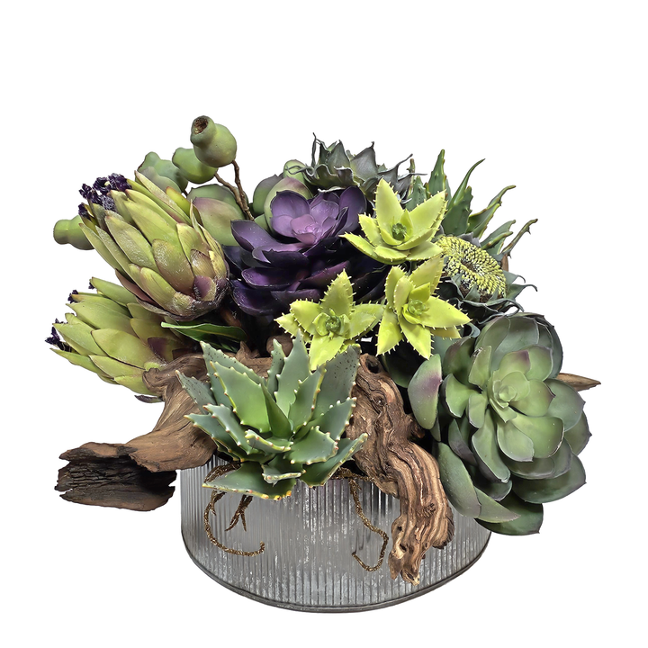 Mink Protea, Succulents with Wood Fragment in Ribbed Metal Bowl.  14"H