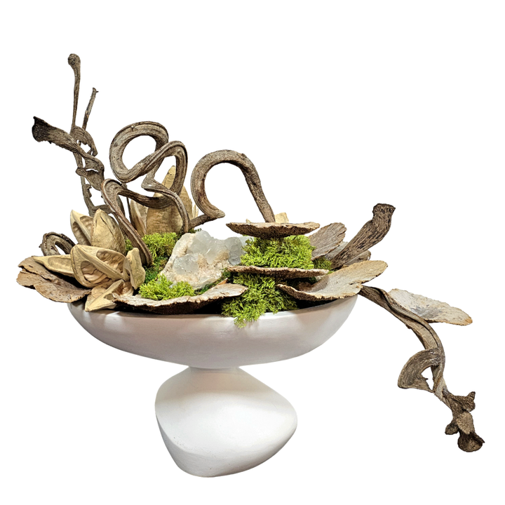 Sculptural Natural Vine, Pods, Mushrooms and Large Crystal in Organic Ceramic 21"H