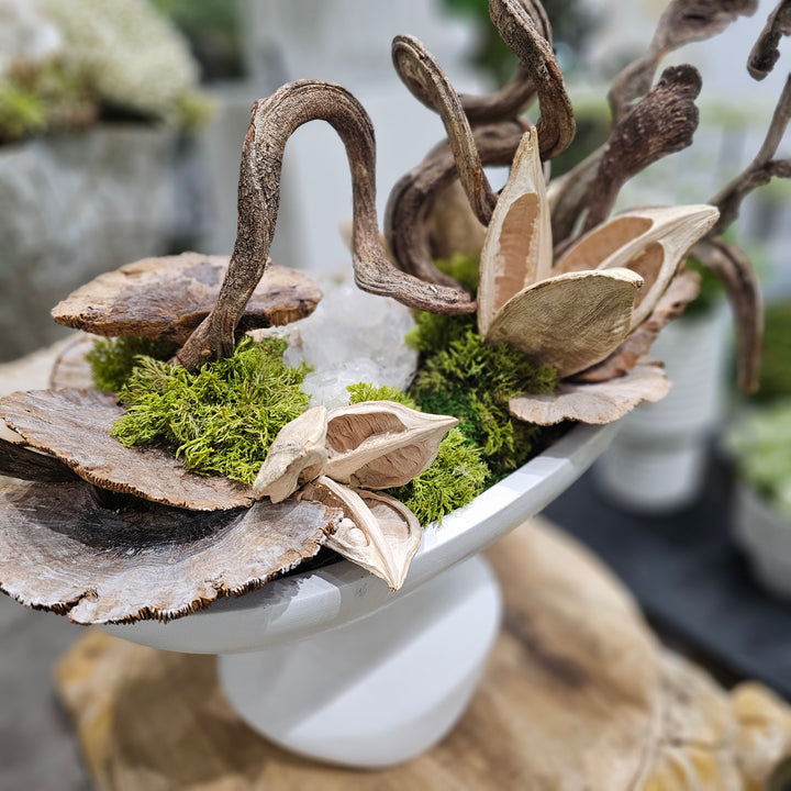 Sculptural Natural Vine, Pods, Mushrooms and Large Crystal in Organic Ceramic 21"H