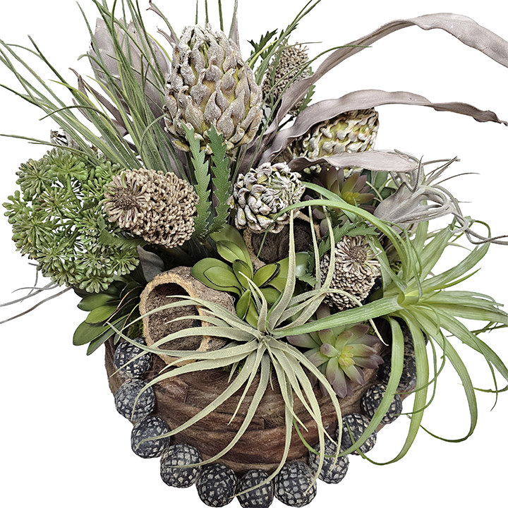 Clay Beads, Tillandsia, Foam Artichokes, Dried Coconut Shell in Natural Fiber Round Container. 20"H